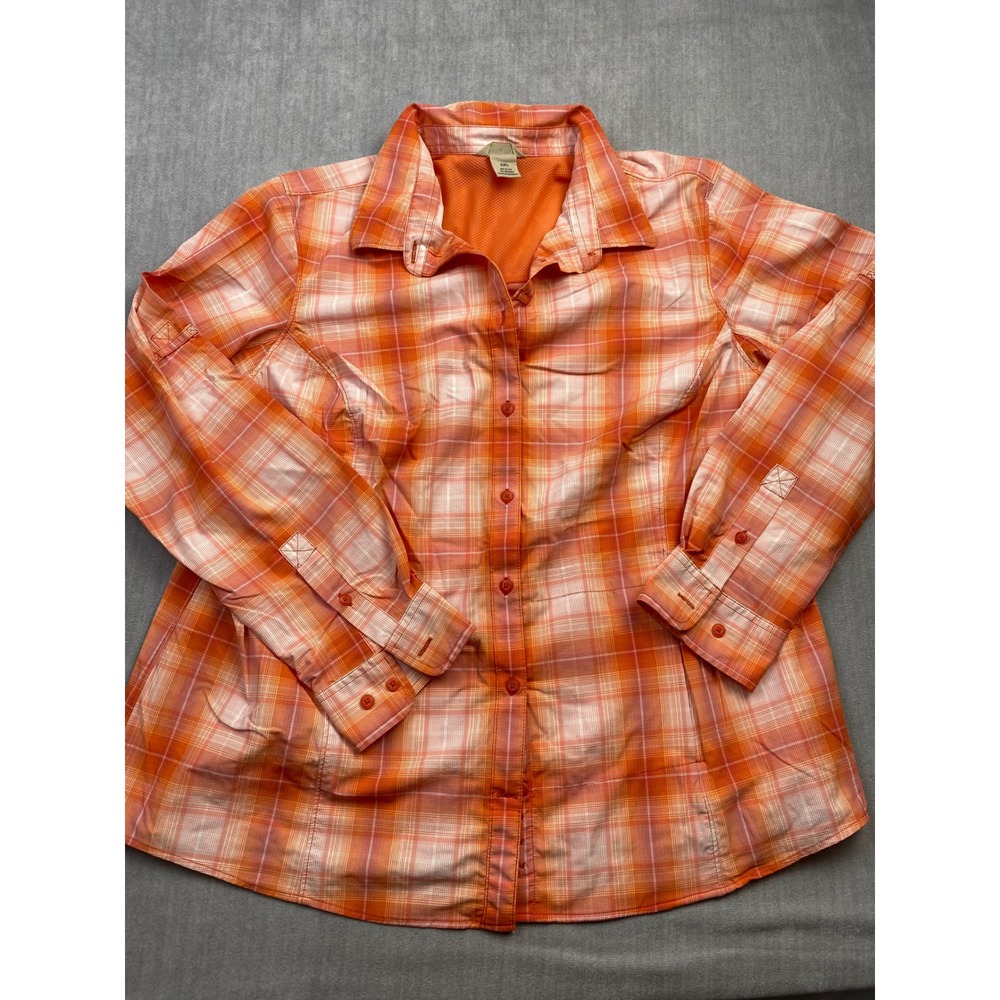 Duluth Trading Co Womens 2XL Orange Plaid Hiking Shirt Long Sleeve Roll Tab Mesh